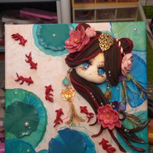 Lotus, Goldfish, and the Lady of Fortune - Textured Acrylic Painting